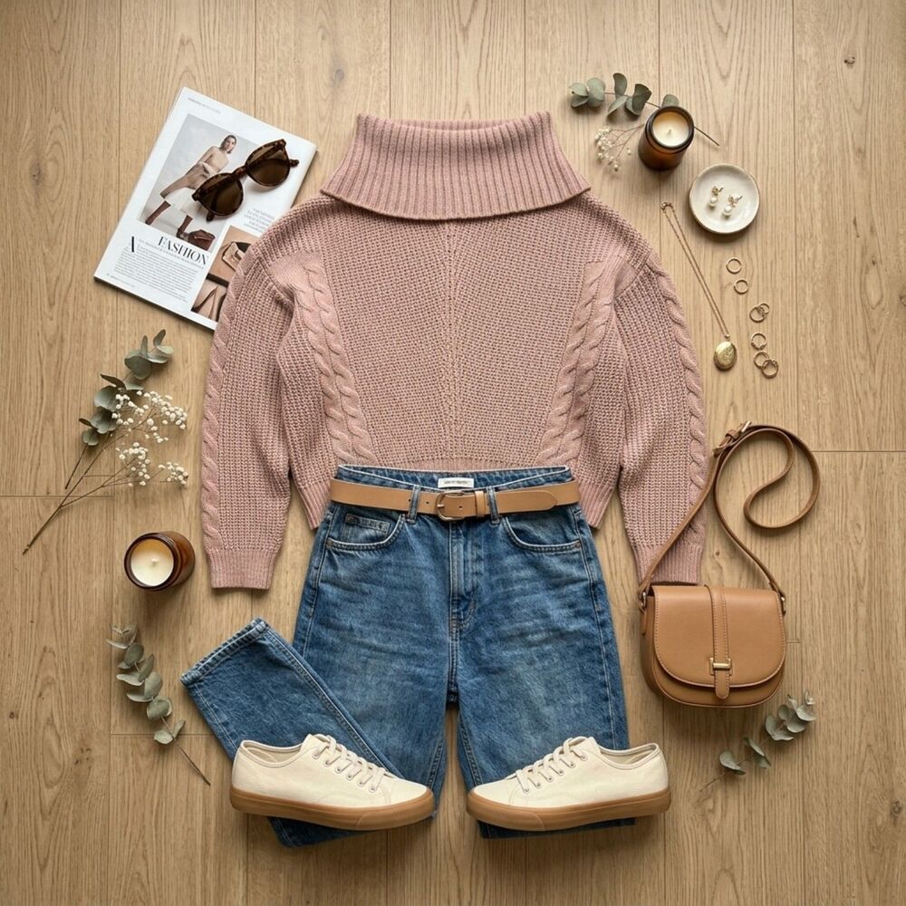 Taupe Cable Knit Turtleneck Sweater Chunky Fall Winter Old Money